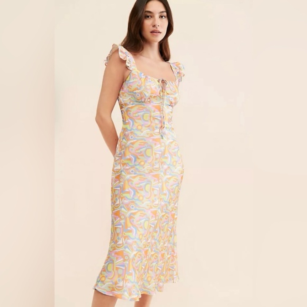 Olivia Rubin Amaya Abstract Print Midi Slip Multicolor Ruffle Dress Size 14